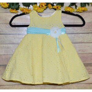 NWT Blueberi Boulevard Girls 12M Yellow Eyelet Lace Dress Plaid Belt with Daisy